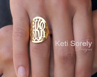 Large Monogram Ring in Sterling Silver or Solid Gold, Personalized Initials Ring, Yellow Gold, Rose Gold, White Gold, Script Monogram Ring