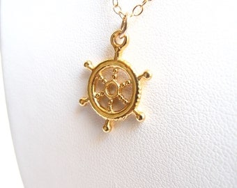 Gold plated boat wheel pendant necklace nautical jewelry round charm ...