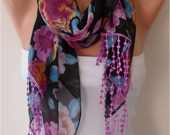 Purple Floral Chiffon Scarf with Lace Edge - Gift