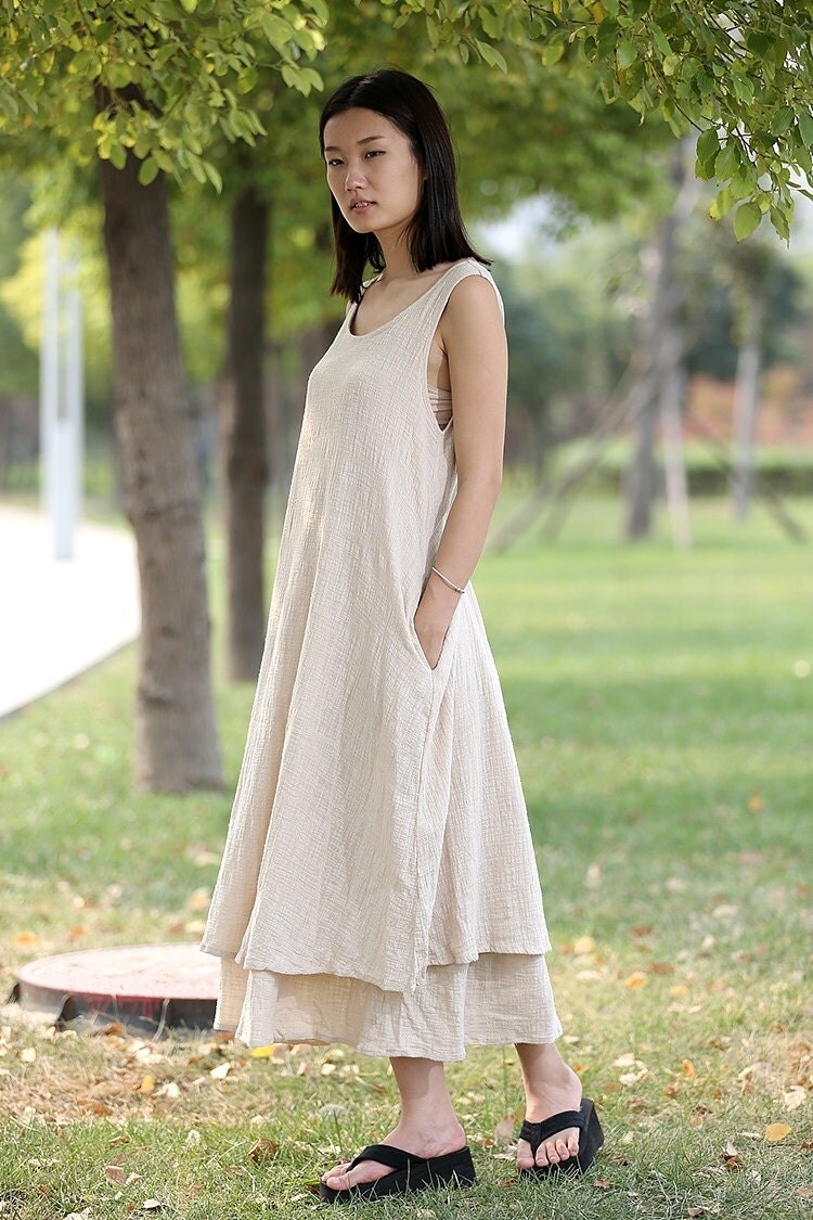 Cream Linen Dress Layered Lagenlook Long Sleeveless