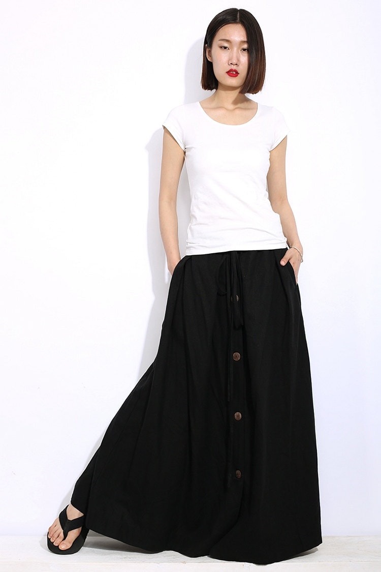 Black Linen Skirt Casual Everyday Maxi Length Long Buttoned