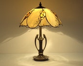 Tiffany table lamp - 11.5 inch shade hand made of stained glass and natural Baltic amber. 15 inch height brass base Stained glass lamp.