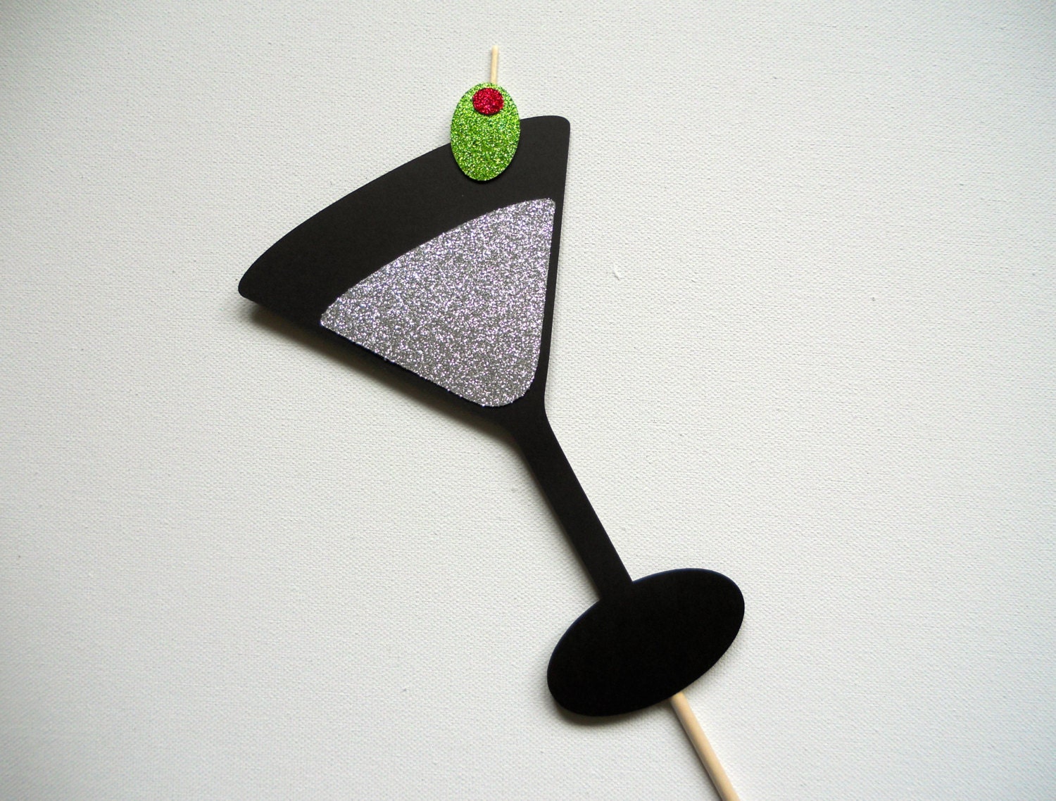 Glitter Martini Glass with Olive on Toothpick Photo Booth Prop