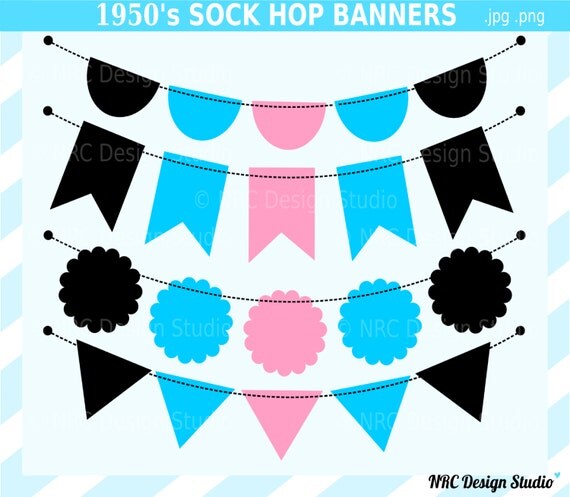 Banner Flags Clip Art - 1950's Sock Hop Banner Clip Art - Digital Banner Bunting Flags Clipart - Retro, Party, Pink, Blue, Black, Cute Il_570xn