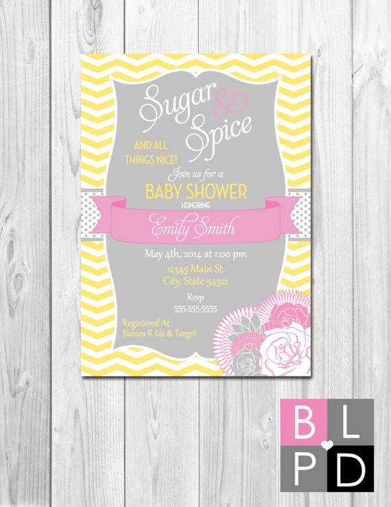 Sugar & Spice Baby Shower Invitation - Flowers - Chevron Stripes - Pink and Yellow - DIY - Printable Il_570xn