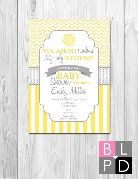 You Are My Sunshine Baby Shower Invitation - Yellow and Grey Stripes and Chevron Stripes - DIY - Printable Il_570xn