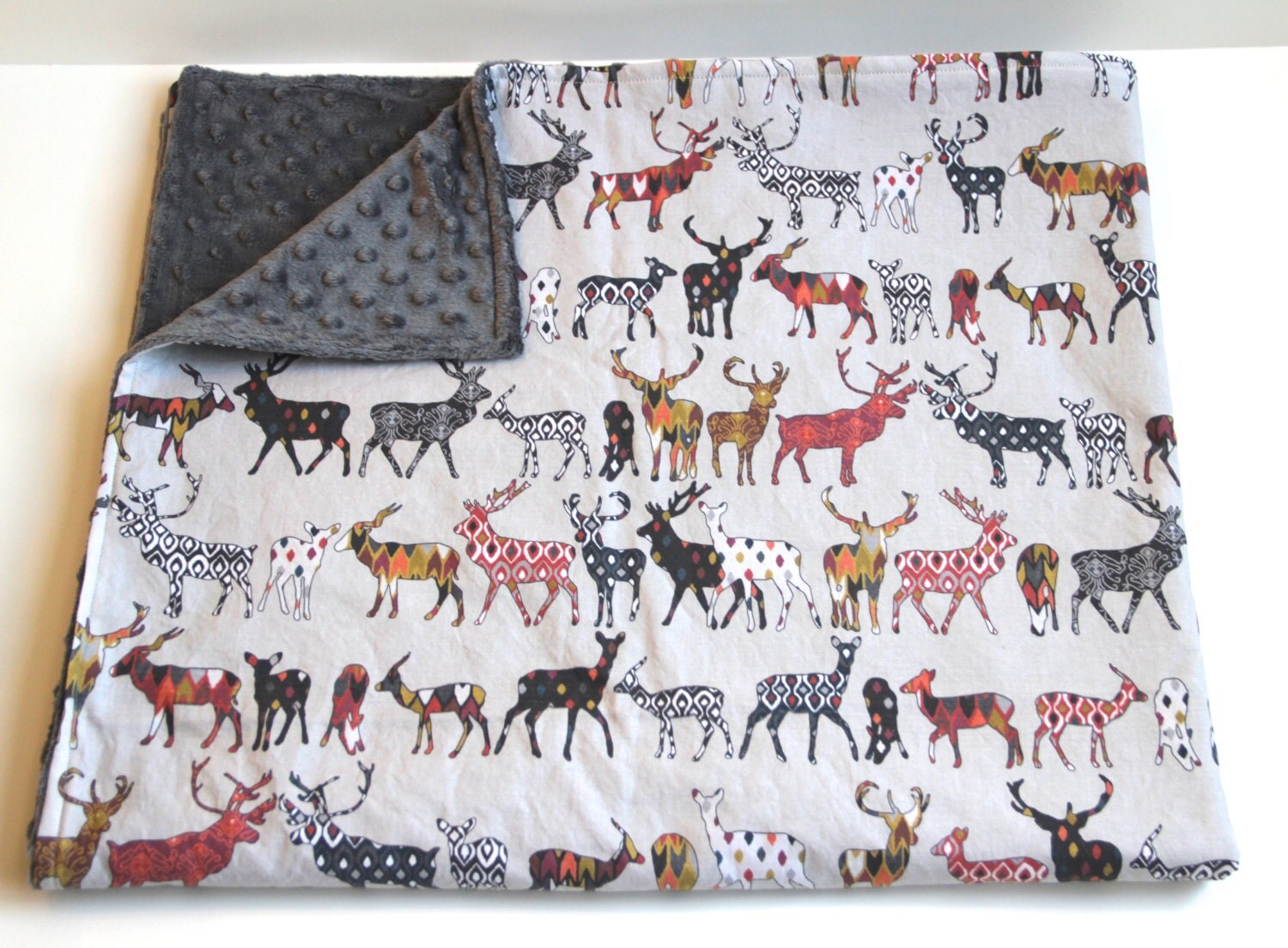 Ikat woodland stag deer minky baby blanket faux fur arrow