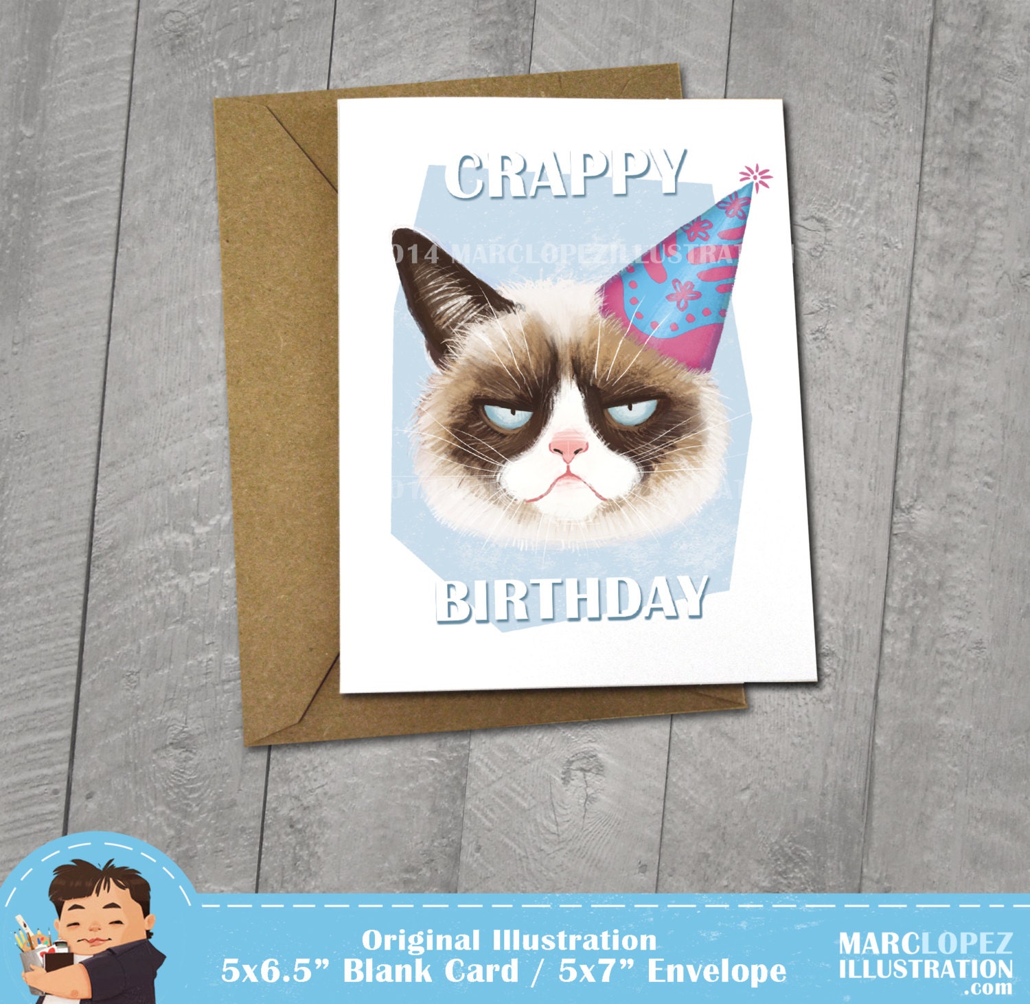 Grumpy Cat Birthday Card Approximately 5 x 7 Blank by MarcLopez