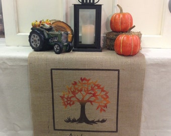 Burlap Table Runner 16" or 18" wide with Autumn and fall tree Fall runner Holiday decorating Fall decor Autumn decor