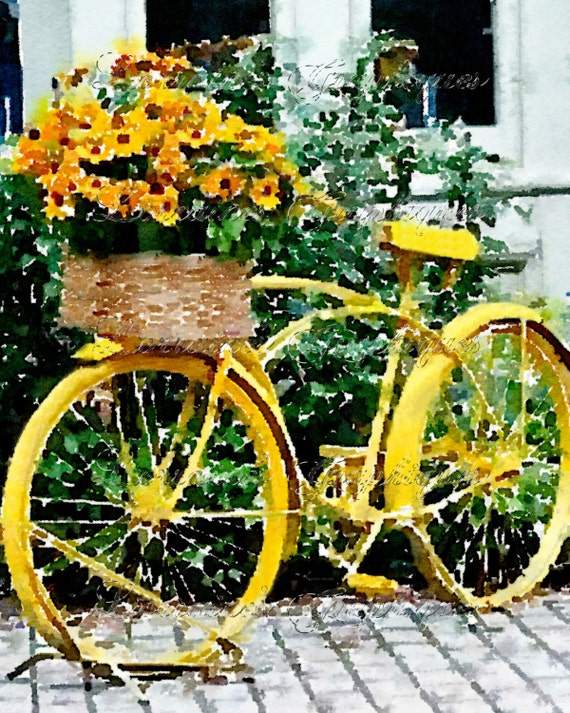 My Yellow Bicycle: A Watercolor Rustic Fine Art by ChezLorraines