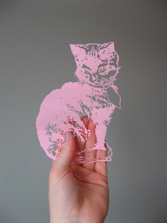 Sitting Cat papercut, fancy kitten Paper-cut, Scherenschnitte cat, whiskers cat art, cute art, nursery art