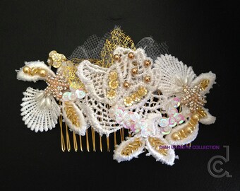 Gold Starfish Wedding Hair Comb, White Gold Beaded Venice Lace, Bridal Headpiece, Scallop Lace Hair Piece, Beach Wedding Hair Accessory