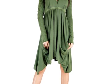 Olive Long Sleeve Grecian Goddess Pocket Dress
