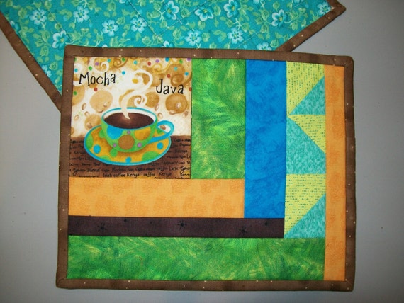 Coffee mug rug, mocha java mug mat in green, gold,blue, brown, and turquoise, snack and beverage mat