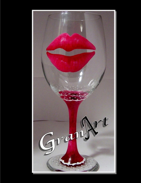 Hollywood Lips Wine Glass Red Lips Hand Painted Wine by GranArt