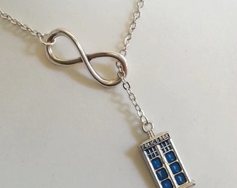Doctor Who Inspired Necklace , Blue Police Box, Tardis, Lariat Style