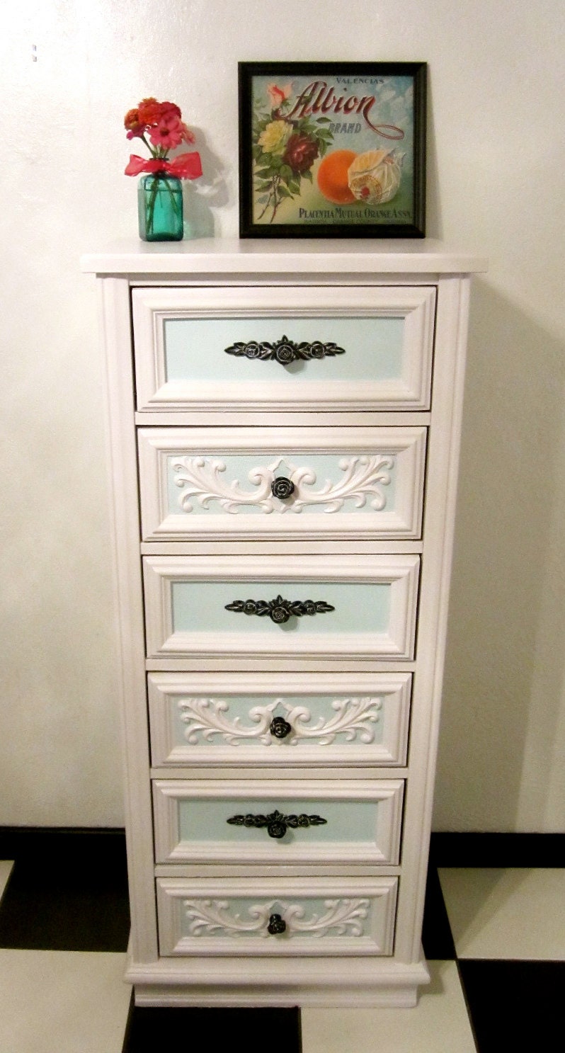 White Vintage Lingerie Chest / Dresser with Faded Aqua Accents