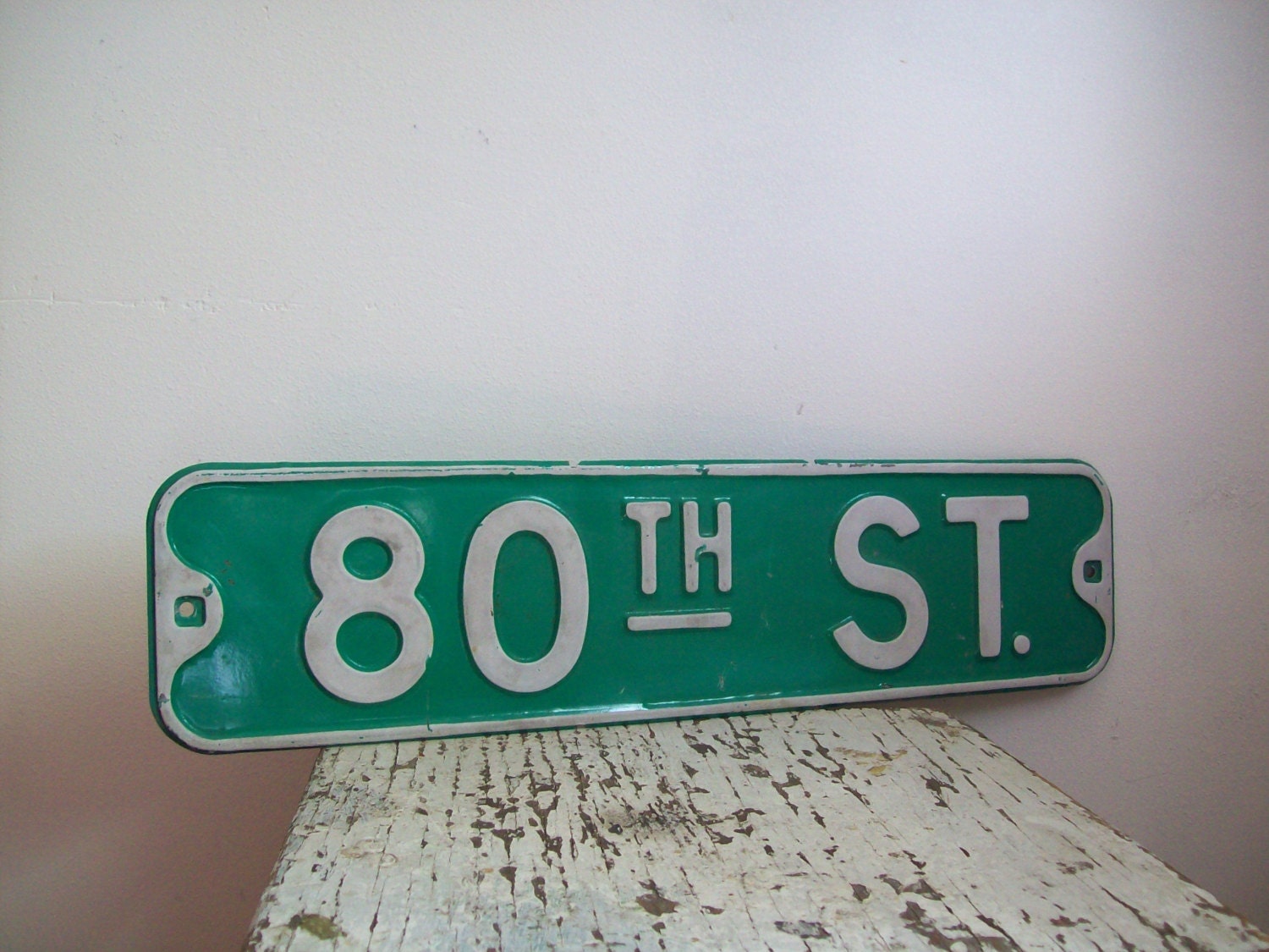 Vintage metal street sign 80TH Street authentic green embossed