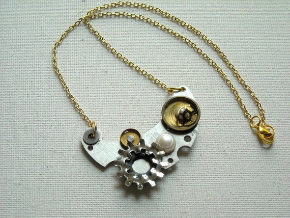 Steampunk Pearl necklace, vintage watch movement,steampunk jewelry ...