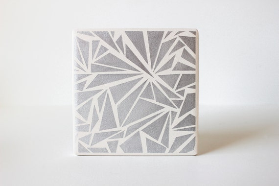 Silver Geometric Coasters- Hand Painted Ceramic Coasters Triangle (Wedding, Anniversary, Birthday, Bridal, Hostess Gift)