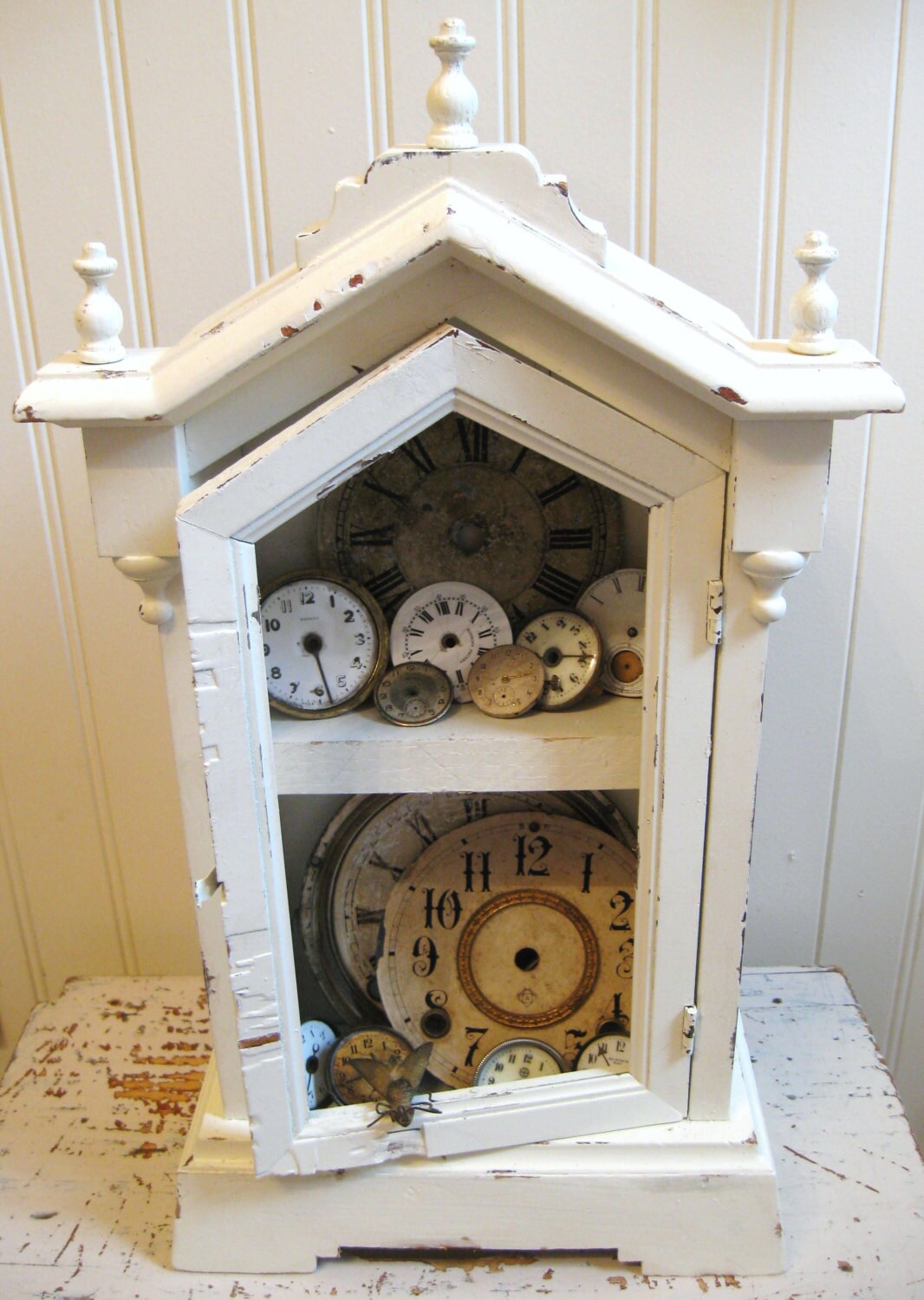 Antique Clock Case Wooden Shabby White Decor Wood by PoemHouse