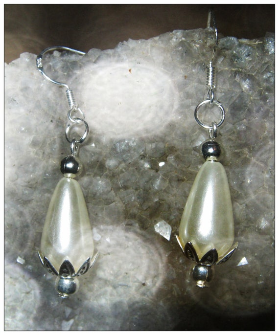 Handmade Silver Hook Earrings with White Pearl Drop by IreneDesign2011
