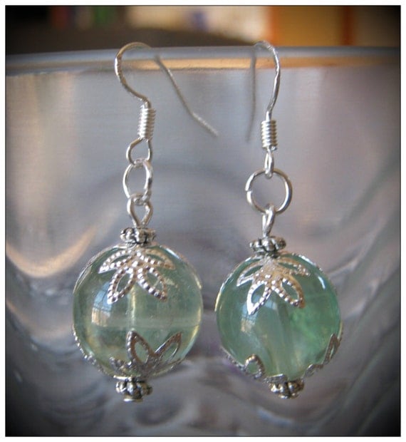 Handmade Silver Hook Earrings with Green Fluorite by IreneDesign2011