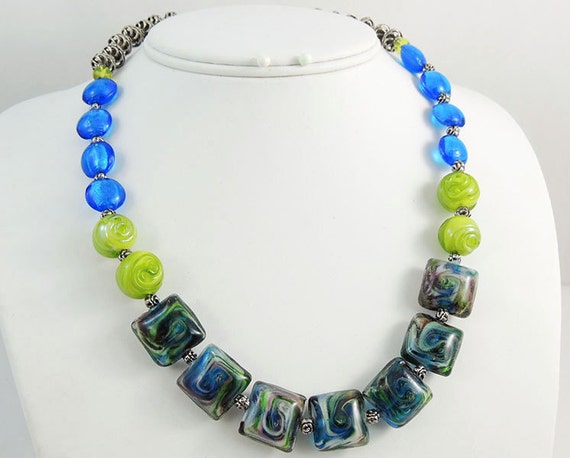 Lime Green & Electric Blue necklace Chunky Statement