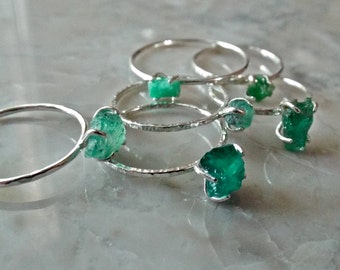 RAW EMERALD RING. Rough natural emerald crystal primitive sterling silver skinny band. Rough gemstone stacker ring. May birthday birthstone