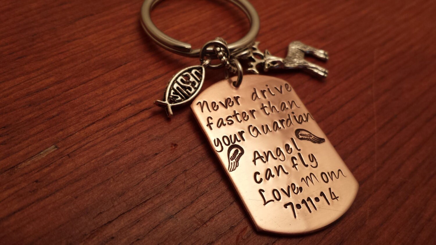 Hand stamped copper dog tag key chain personalized/ guardian