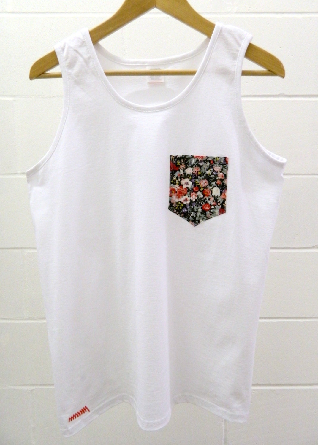Men's Floral Design White Pocket Tank Top Men's T