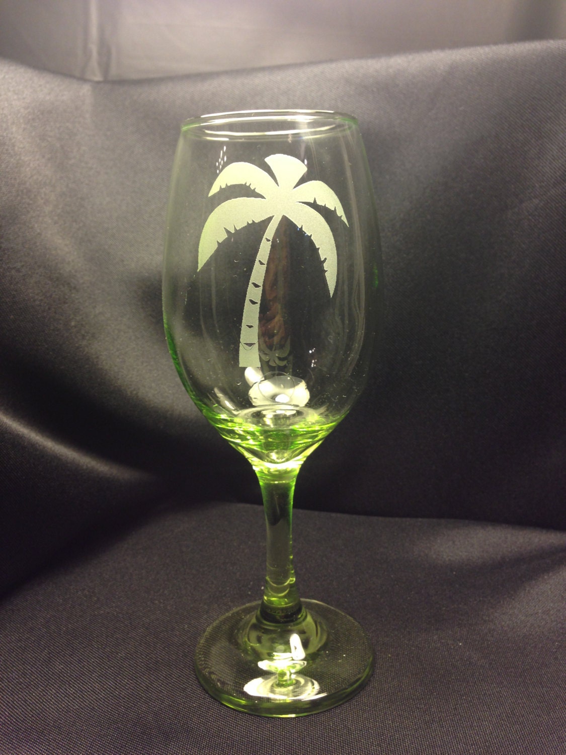 12.5 oz Green Wine Glasses with Palm Tree Deeply Etched in the
