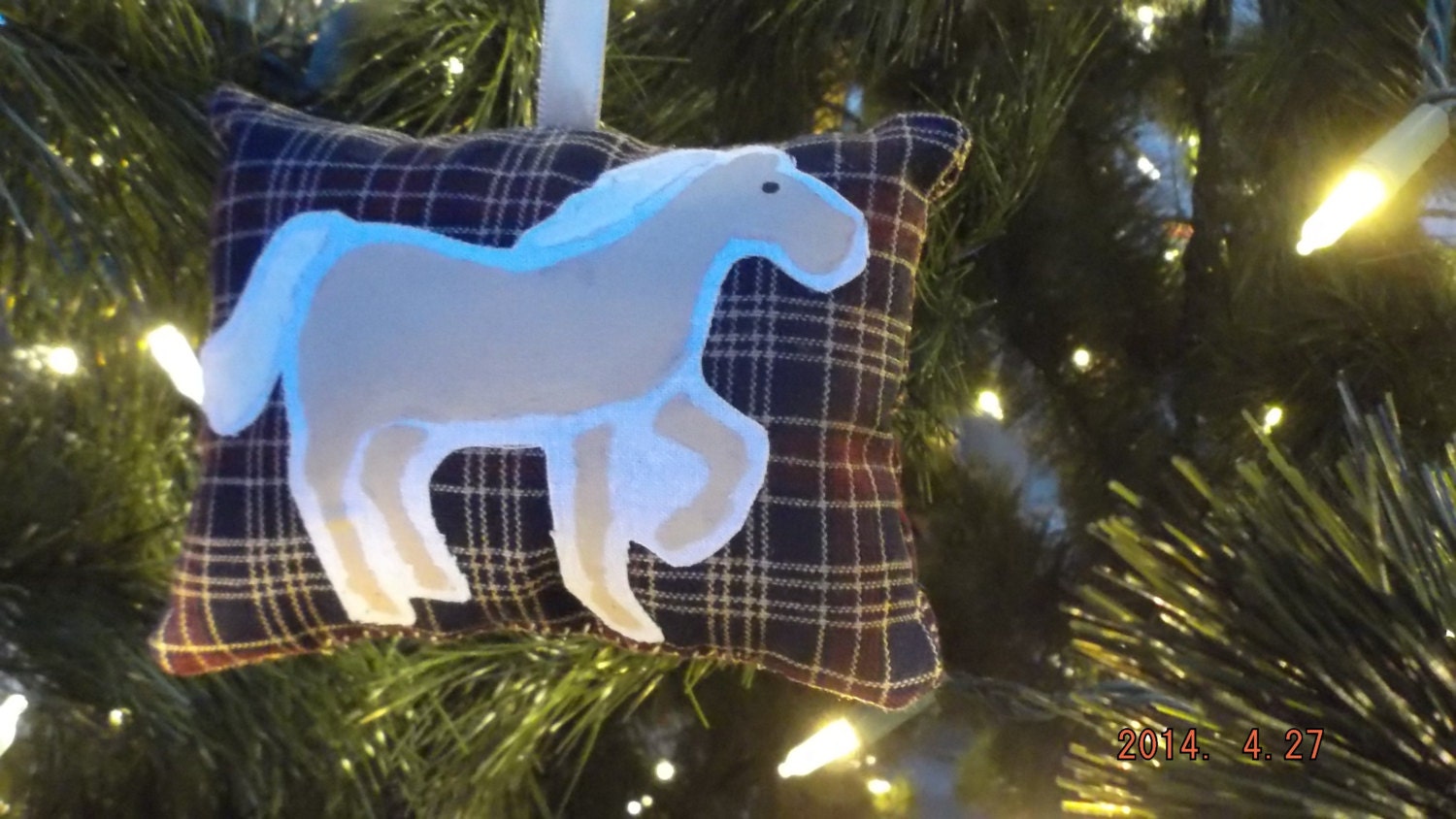 Palomino Horse Stenciled Pillow Christmas Ornament on Blue and Burgundy Plaid Pillow FREE SHIPPING!