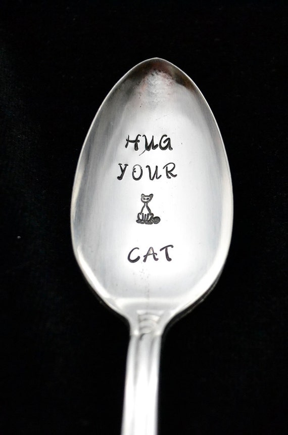 Hug Your Cat Stamped Spoon Vintage Hand Stamped Silverware