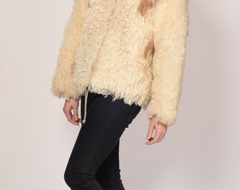 vintage 1970s mod SHAGGY mongolian lamb long fur ivory spotted cream boho hippie yeti shag fur satin lined jacket COAT 60s 70s swing XS S