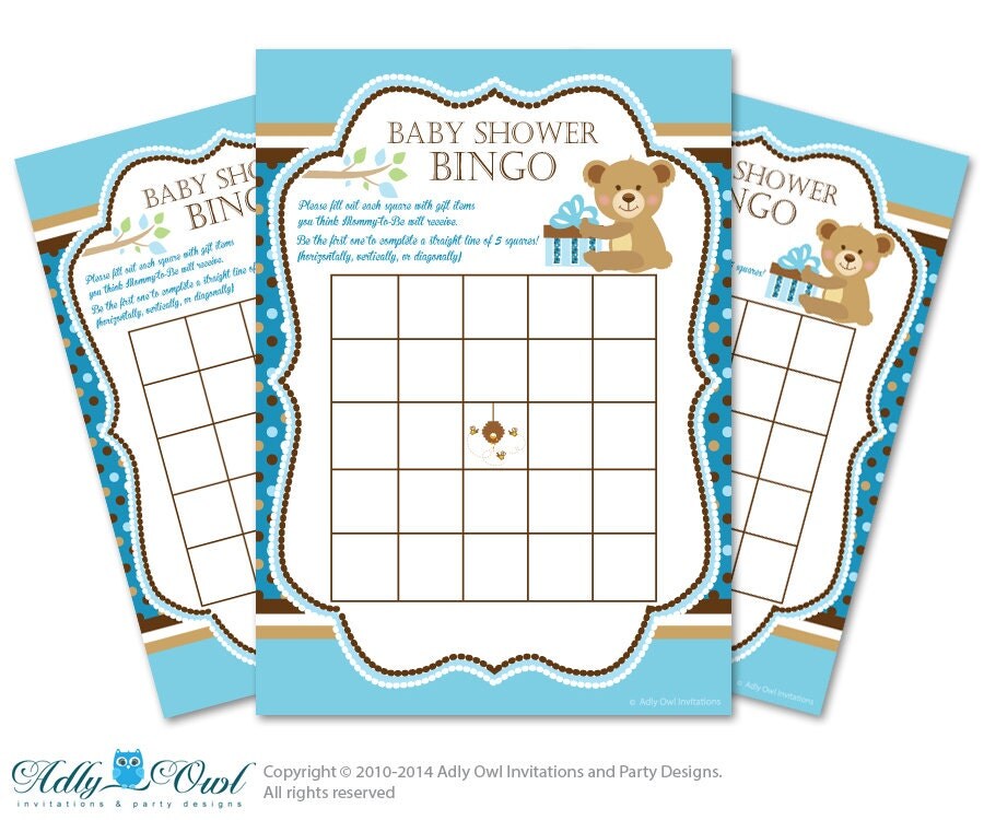 Blue Brown Teddy Bear Bingo Game Printable Card for Baby Boy
