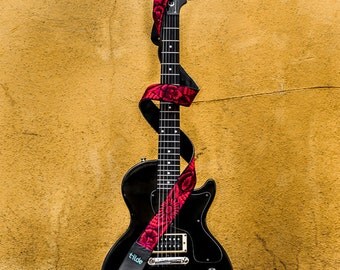 Guatemalan embroidered, leather guitar strap, Gift guitarist, Electric guitar strap, Acoustic guitar strap, Jazz Rock Blues- Jardin Red JDG3