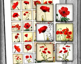 Red Poppies Square Images 1x1 inch 1.5x1.5 inch 16x16mm 15x15mm Printable images for Jewelry Making Digital Collage Sheet