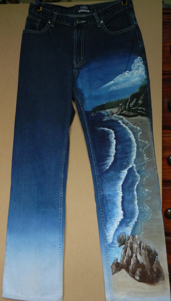 Hand Painted Jeans with Beach Scene Original One Off