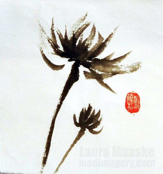 Items similar to Chrysanthemum Framed Sumie Ink Original Brush