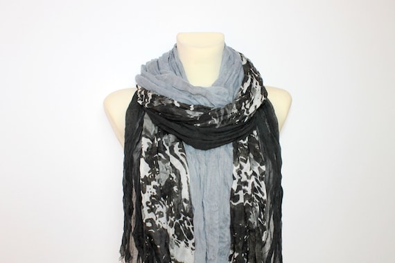 Gray Floral Scarf - Fringe Fabric Scarf - Floral Print Scarf - Unique Boho Scarf - Women Fashion Accessories - Gift Ideas for her