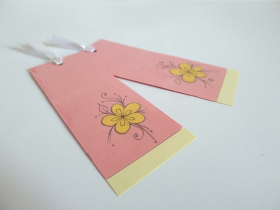 Set of two 2 Pink Bookmarks with Flowers Hand Painted Laminated White Silk Ribbon