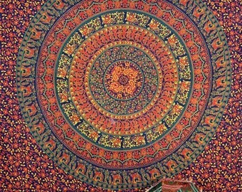 Tenture Murale/tapis Indien Hippie Mandala - 215x140 Cm - 100% Coton Orange - Fait Main En Inde - Neuf