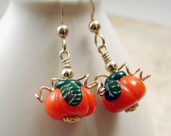 Pumpkin Earrings - Glass Beads Gold Filled Halloween Thanksgiving Earrings