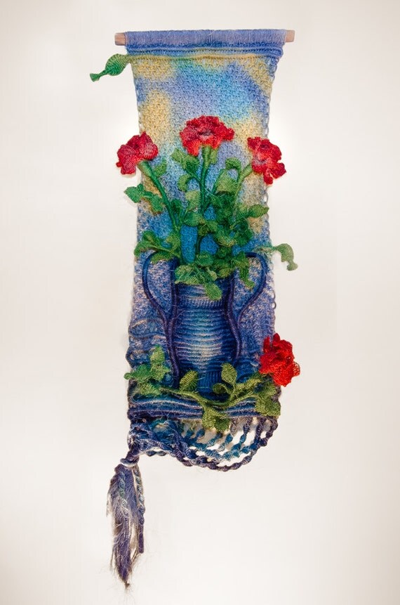 Macrame Wall Hanging 'Vase of Roses' Handmade with