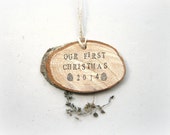 First Christmas Ornament 2014 - Rustic Hand Stamped Oak Slice / Unique Newlywed Holiday Gift, Earthy Natural Wooden Plaque Wall Hanging
