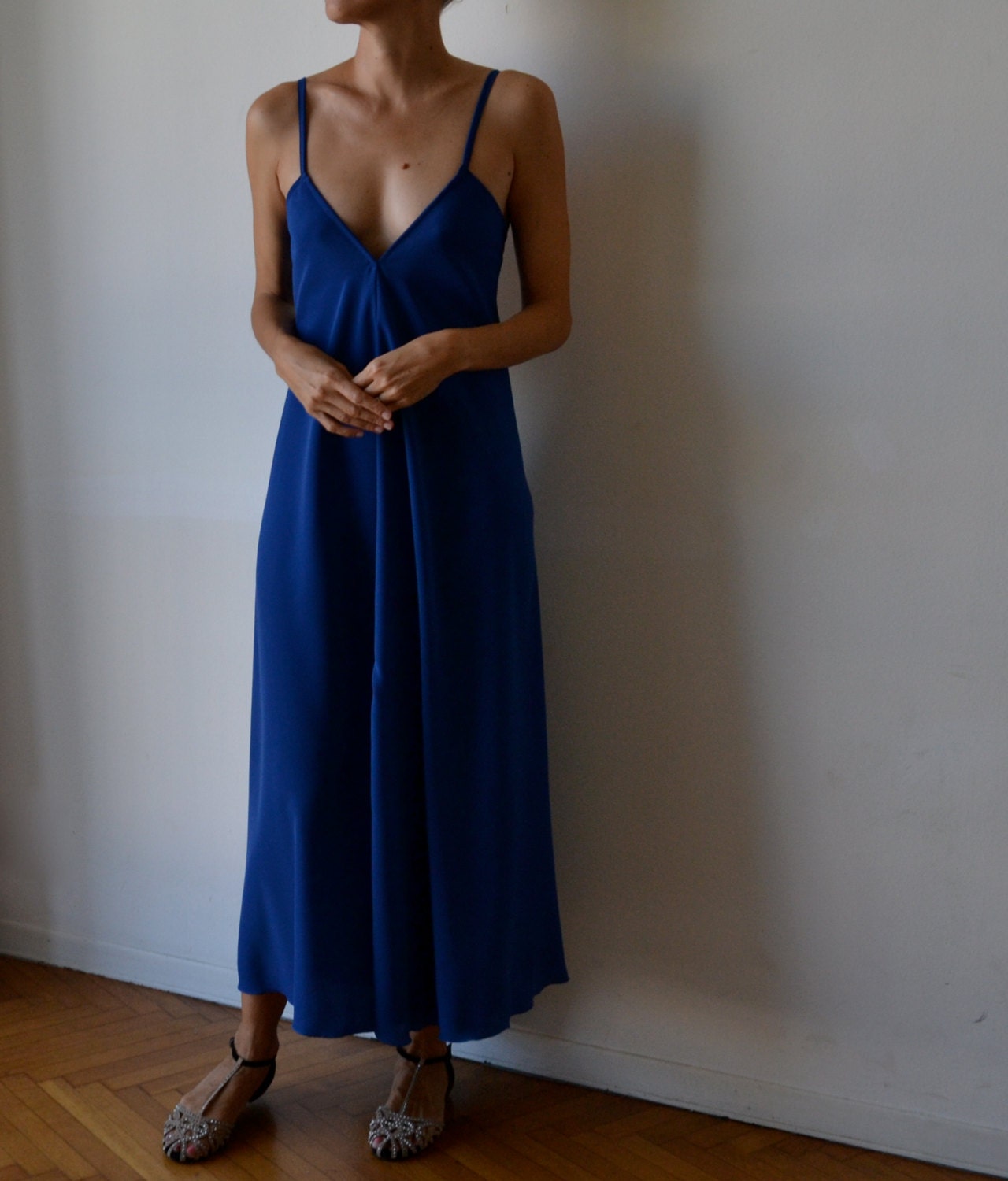 Blue backless dress. Long strappy maxidress low back dress.