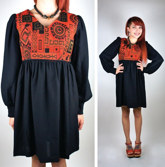 Vintage Tapestry Party Dress / Boho / Retro / Black And Red