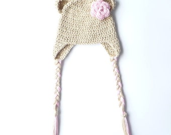 Teddy Bear Pattern CROCHET PATTERN Children Earflap Hat Earflap Beanie Ear Flap Hat Women's Ear Flap Hat Baby Beanie Crochet Hat with Flower