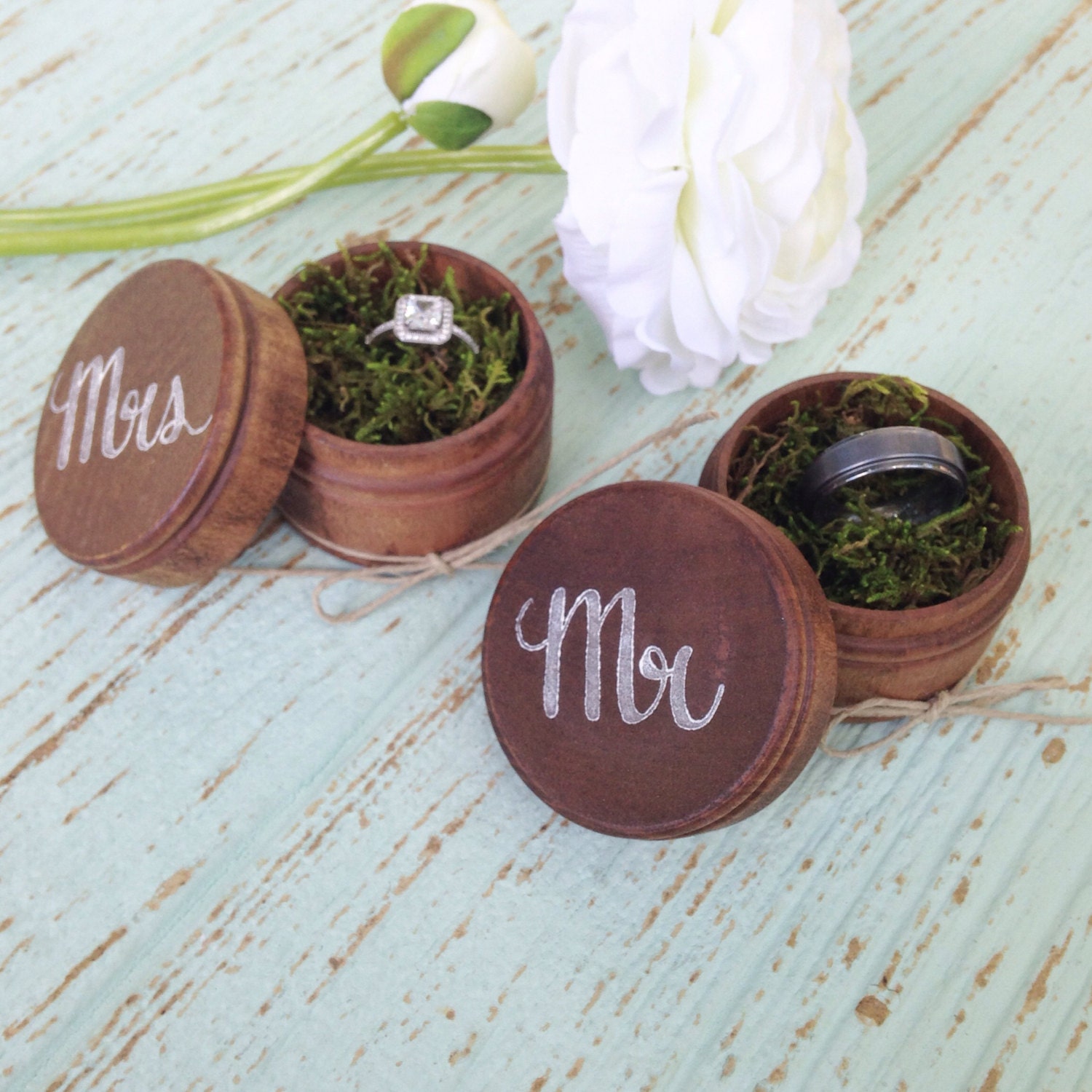 Wood Ring Bearer Box Set of 2 Rustic Ring Pillow Moss